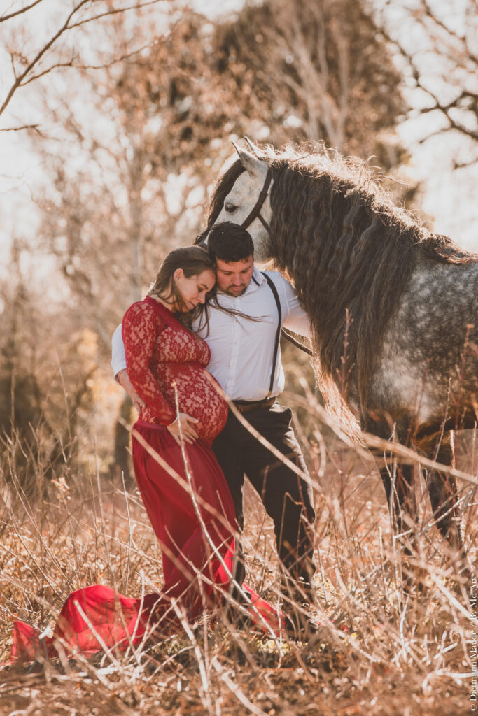 Femme enceinte avec son mari et un cheval